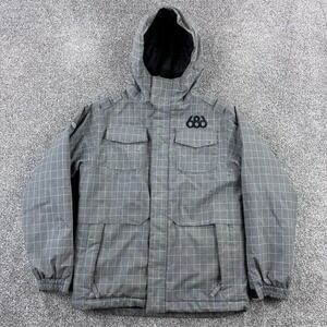 686 Six Eight Six Snowboard Jacket Boys Large Gray Plaid Ski Hooded Winter